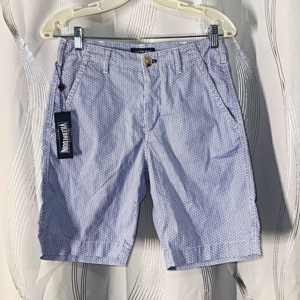Vilebrequin Men’s Blue/White Geometric Chino Shorts Cotton Flat Front Pockets